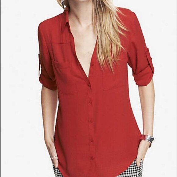 Express Red The Portofino Roll Tab Shirt - Picture 1 of 7